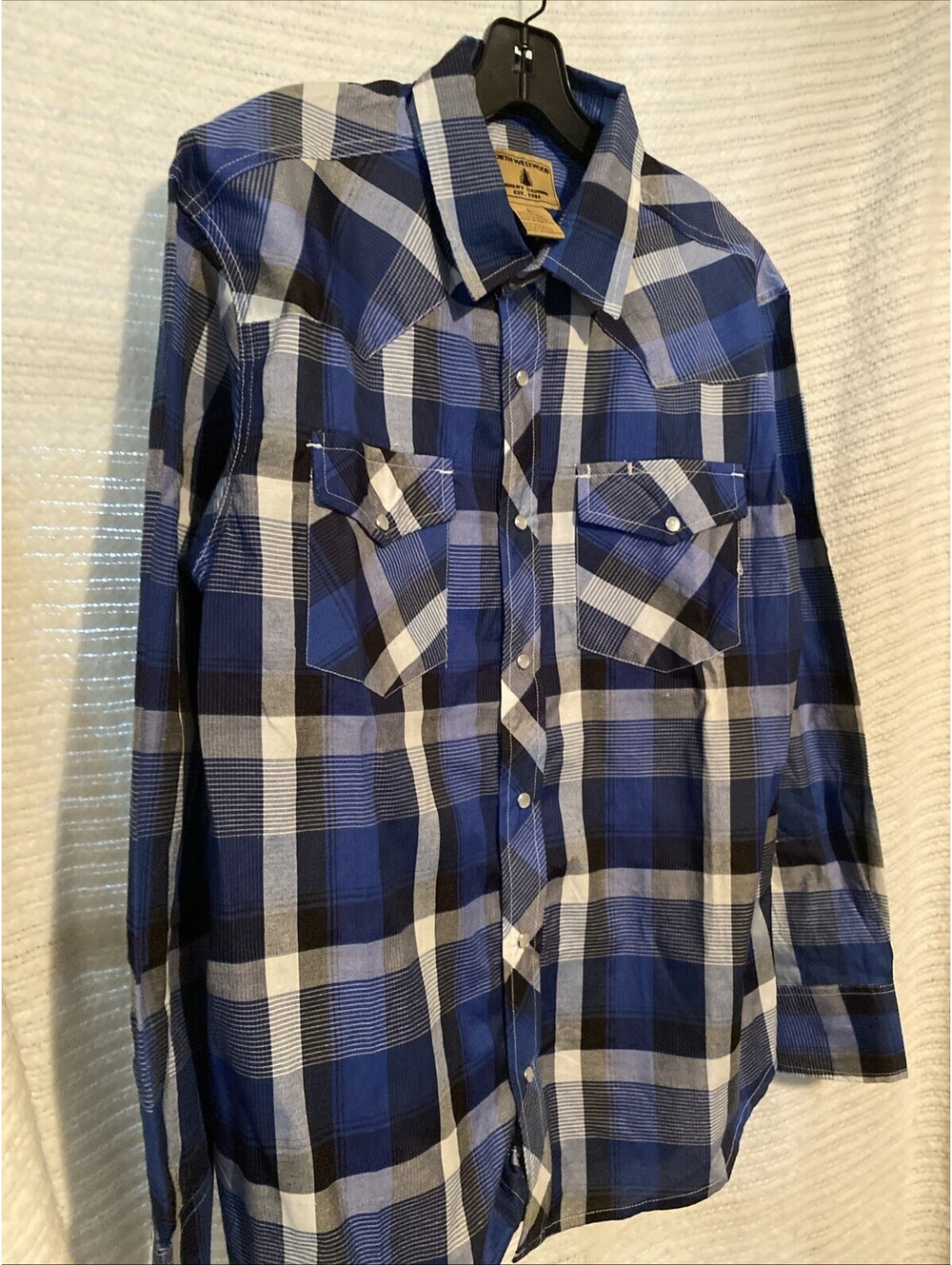 Northwest Wood Lg Long Sleeve Man's Pearl Snap Shirt Plaid Blue Black